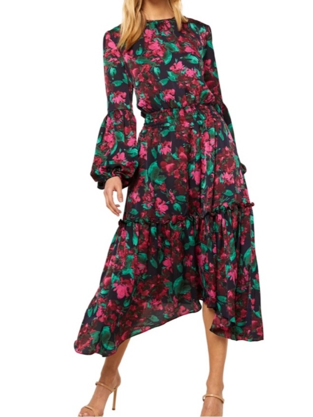 NWOT Misa Los Angeles Simone Long Sleeve Midi Dress Floral High Neckline SM USA